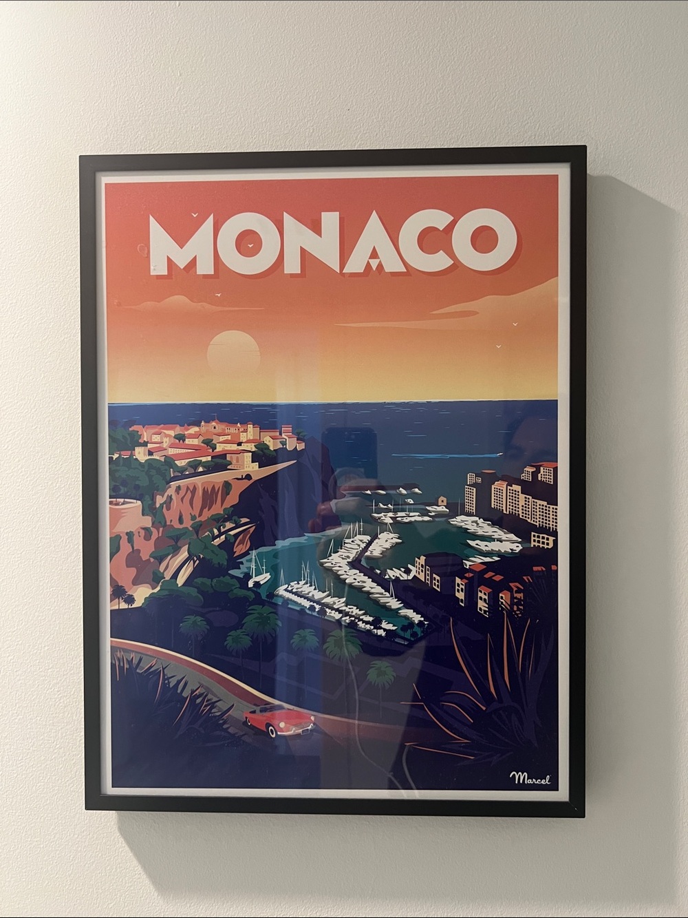 Monaco Coastal Sunset Poster — Orange, Blue & Green